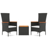 3 Piece Garden Lounge Set Black Poly Rattan&Solid Wood Acacia - Front View