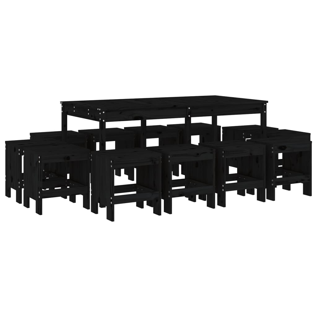 13 Piece Garden Dining Set Black Solid Wood Pine
