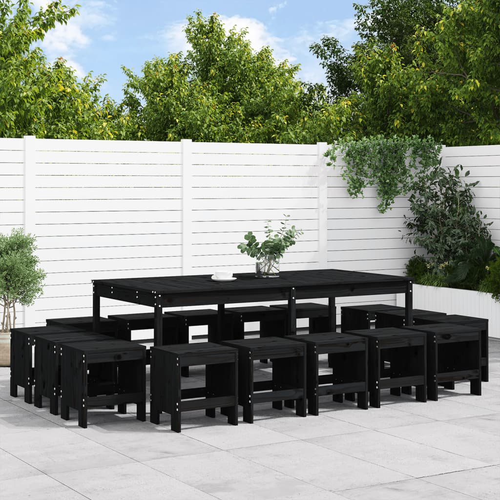 17 Piece Garden Dining Set Black Solid Wood Pine