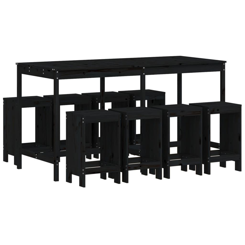 9 Piece Garden Bar Set Black Solid Wood Pine