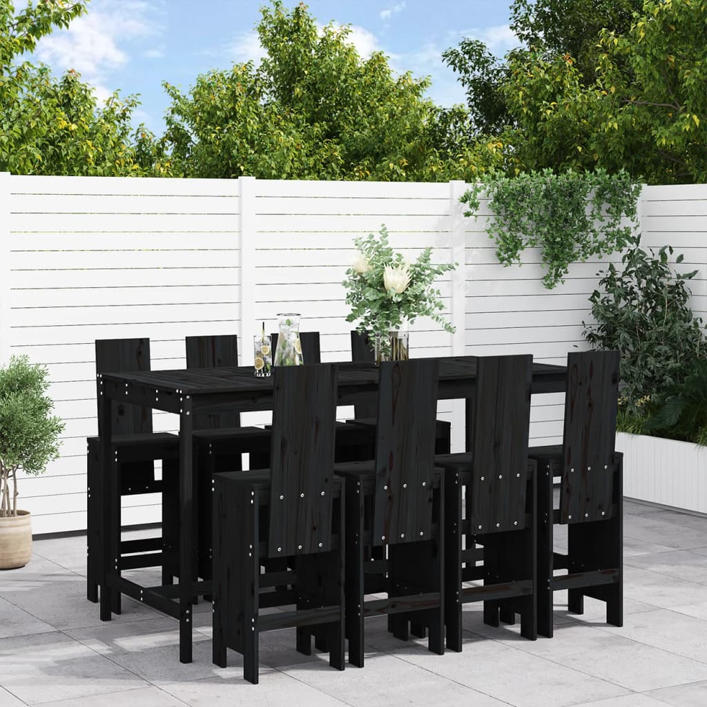 9 Piece Garden Bar Set Black Solid Wood Pine