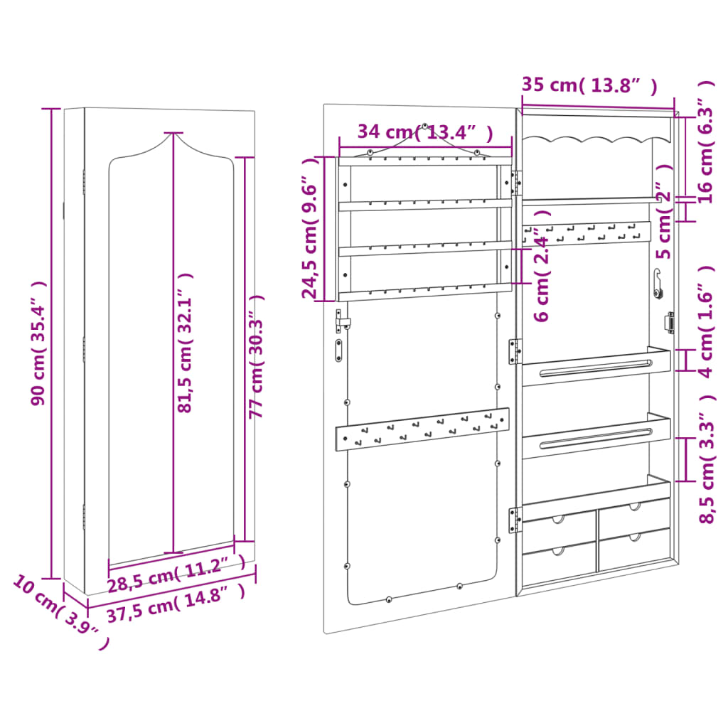Mirror Jewellery Cabinet Wall Mounted White 37.5x10x90 cm