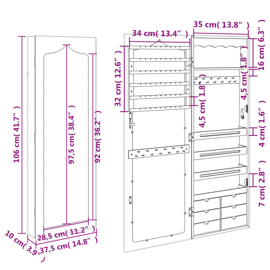 Mirror Jewellery Cabinet Wall Mounted White 37.5x10x106 cm