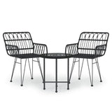 3 Piece Garden Dining Set Black Poly Rattan - Front View