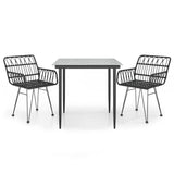 3 Piece Garden Dining Set Black Poly Rattan - Front View