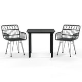 3 Piece Garden Dining Set Black Poly Rattan - Front View