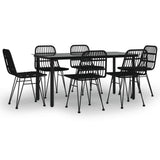 7 Piece Garden Dining Set Black Poly Rattan - Front View