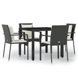 5 Piece Garden Dining Set with Cushions Black Poly Rattan