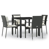 5 Piece Garden Dining Set with Cushions Black Poly Rattan - Front View