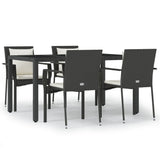 5 Piece Garden Dining Set with Cushions Black Poly Rattan