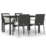 5 Piece Garden Dining Set with Cushions Black Poly Rattan - Front View