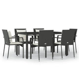 7 Piece Garden Dining Set with Cushions Black Poly Rattan - Front View
