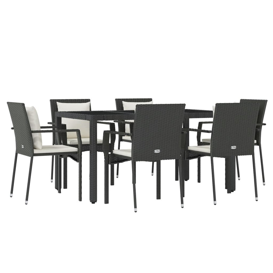 7 Piece Garden Dining Set with Cushions Black Poly Rattan