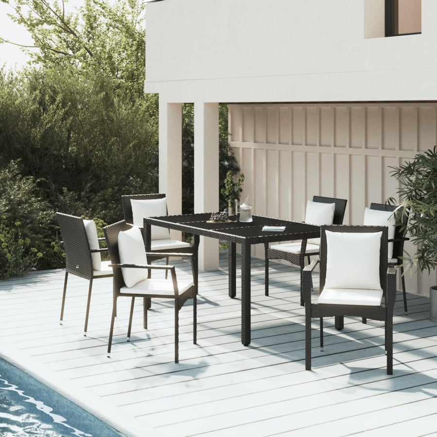 7 Piece Garden Dining Set with Cushions Black Poly Rattan
