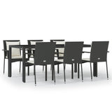 7 Piece Garden Dining Set with Cushions Black Poly Rattan - Front View
