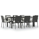 9 Piece Garden Dining Set with Cushions Black Poly Rattan - Front View