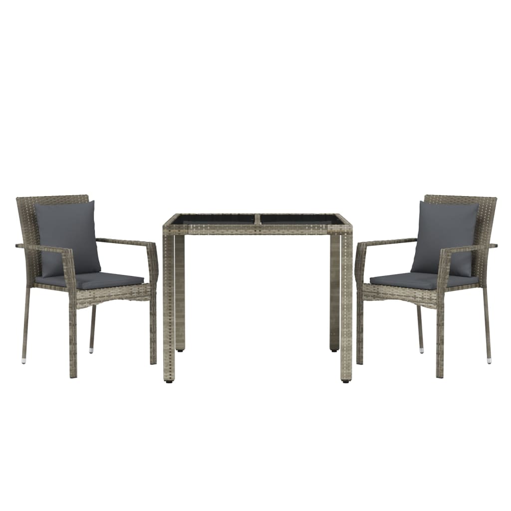 3 Piece Garden Dining Set with Cushions Grey Poly Rattan
