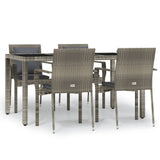 5 Piece Garden Dining Set with Cushions Grey Poly Rattan - Front View