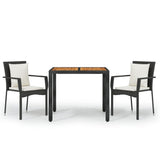 3 Piece Garden Dining Set with Cushions Black Poly Rattan - Front View