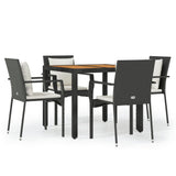 5 Piece Garden Dining Set with Cushions Black Poly Rattan - Front View