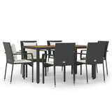 7 Piece Garden Dining Set with Cushions Black Poly Rattan - Front View
