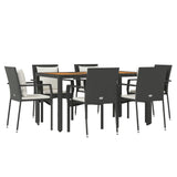 7 Piece Garden Dining Set with Cushions Black Poly Rattan - Side View