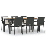 7 Piece Garden Dining Set with Cushions Black Poly Rattan - Front View