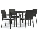 5 Piece Garden Dining Set with Cushions Black Poly Rattan - Front View