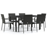 7 Piece Garden Dining Set with Cushions Black Poly Rattan - Front View