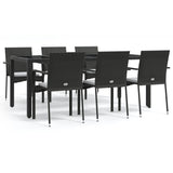 7 Piece Garden Dining Set with Cushions Black Poly Rattan - Front View