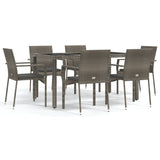 7 Piece Garden Dining Set with Cushions Grey Poly Rattan - Front View