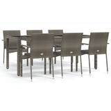 7 Piece Garden Dining Set with Cushions Grey Poly Rattan - Front View