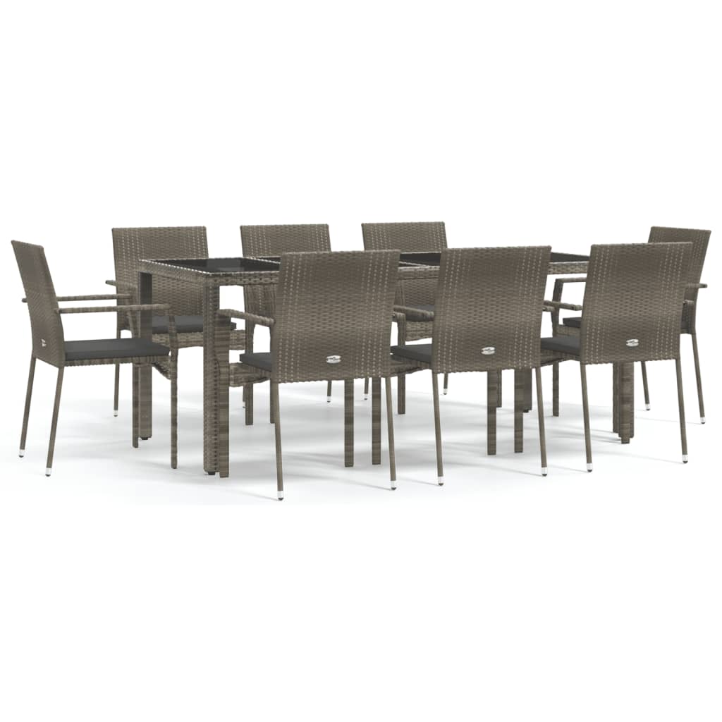 9 Piece Garden Dining Set with Cushions Grey Poly Rattan