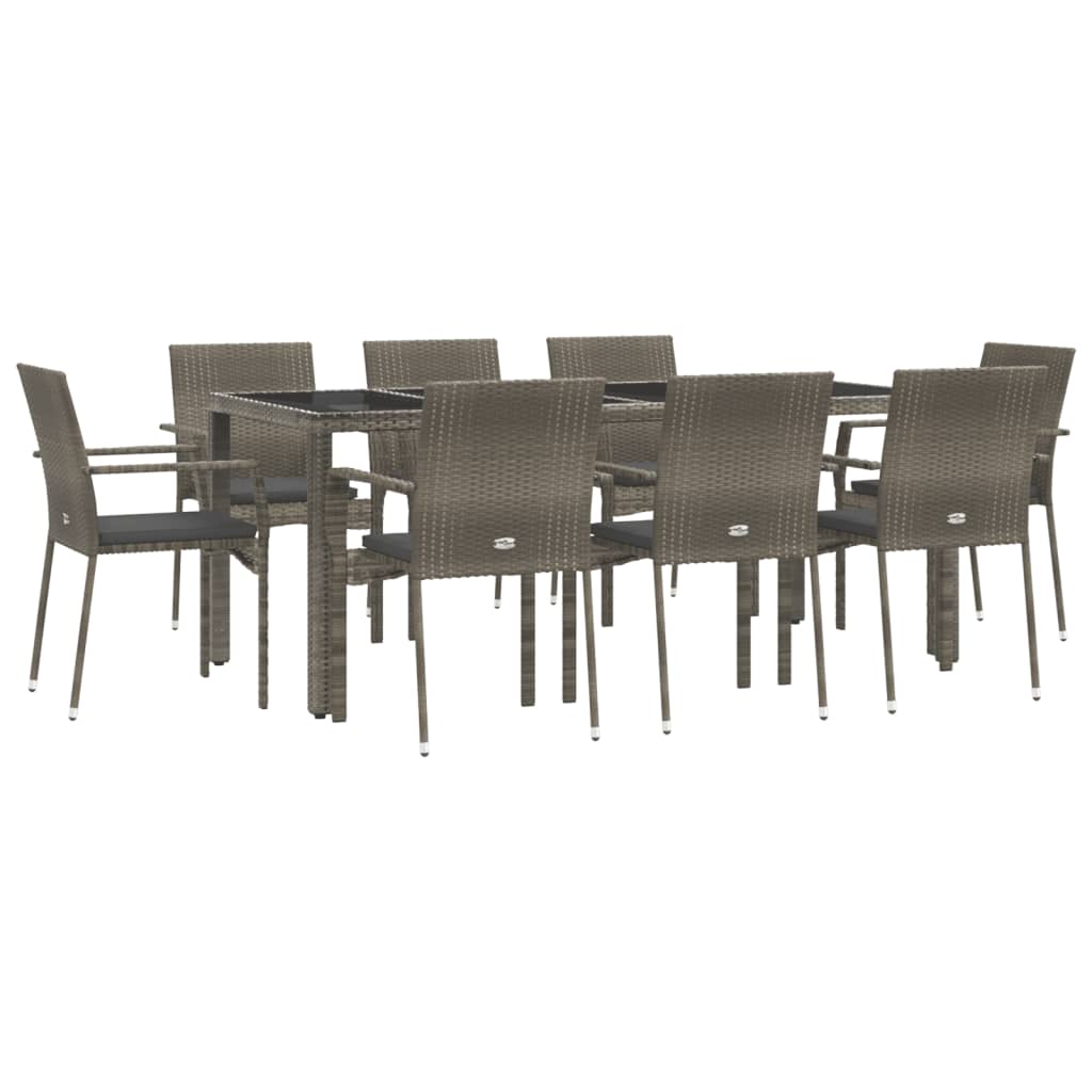 9 Piece Garden Dining Set with Cushions Grey Poly Rattan