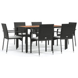 7 Piece Garden Dining Set with Cushions Black Poly Rattan - Front View