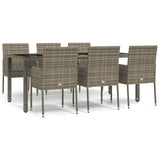 7 Piece Garden Dining Set with Cushions Grey Poly Rattan - Front View