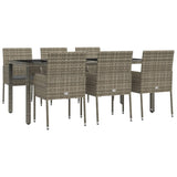 7 Piece Garden Dining Set with Cushions Grey Poly Rattan - Side View