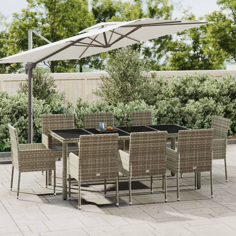 9 Piece Garden Dining Set with Cushions Grey Poly Rattan