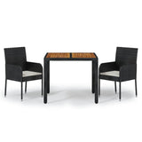 3 Piece Garden Dining Set with Cushions Black Poly Rattan - Front View