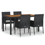 5 Piece Garden Dining Set with Cushions Black Poly Rattan - Front View