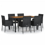 7 Piece Garden Dining Set with Cushions Black Poly Rattan - Front View