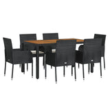 7 Piece Garden Dining Set with Cushions Black Poly Rattan - Side View