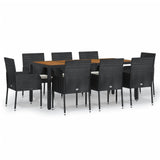 9 Piece Garden Dining Set with Cushions Black Poly Rattan - Front View