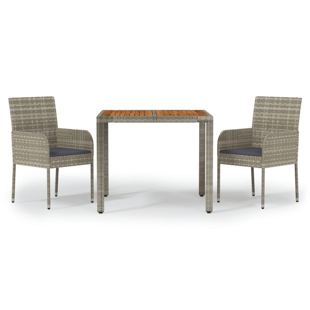 3 Piece Garden Dining Set with Cushions Grey Poly Rattan