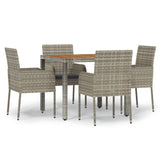 5 Piece Garden Dining Set with Cushions Grey Poly Rattan - Front View