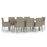 9 Piece Garden Dining Set with Cushions Grey Poly Rattan - Front View