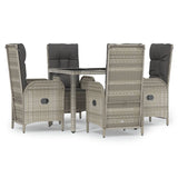 5 Piece Garden Dining Set with Cushions Grey Poly Rattan - Front View