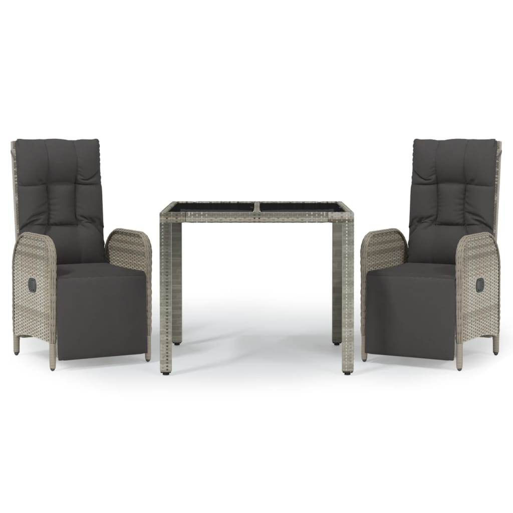 3 Piece Garden Dining Set with Cushions Grey Poly Rattan