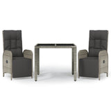 3 Piece Garden Dining Set with Cushions Grey Poly Rattan - Front View