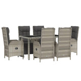 7 Piece Garden Dining Set with Cushions Grey Poly Rattan - Side View